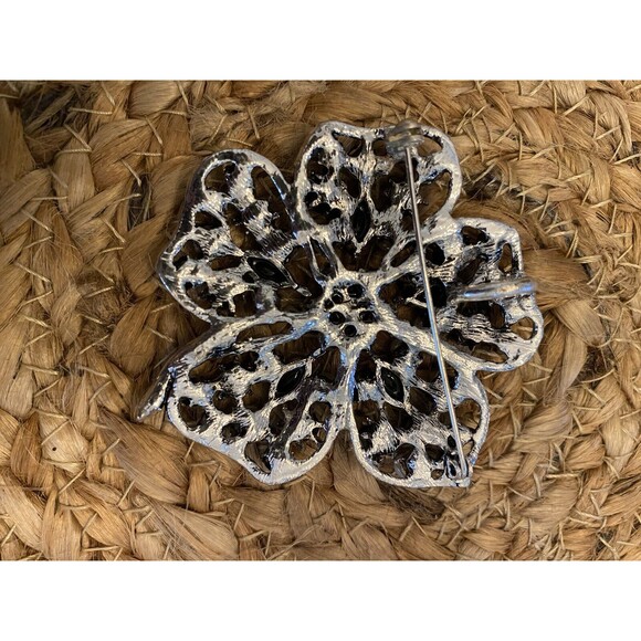 Flower Dogwood Flower Onyx Rhinestone Pearls Vintage Silver Brooch Pin V-6623 - Picture 2 of 6